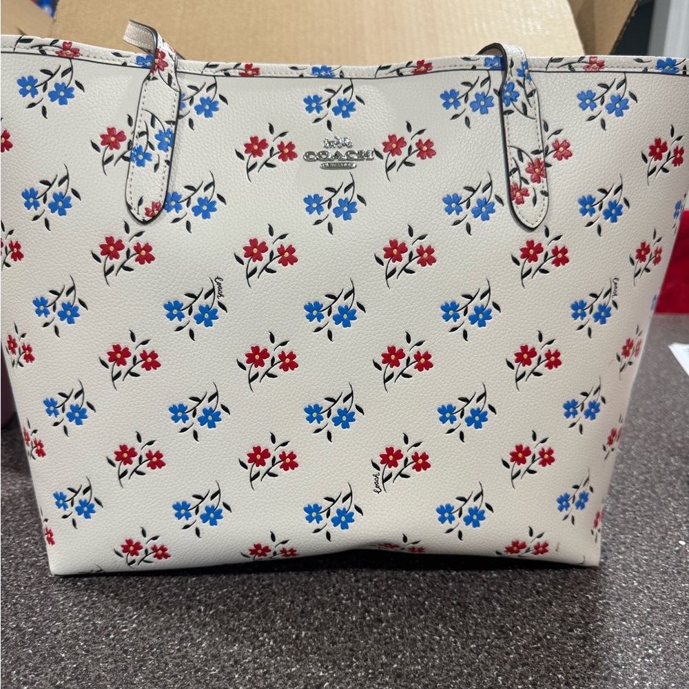 Coach White and Red Floral Tote Bag